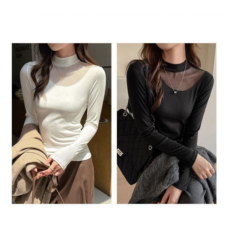 Womens Mesh Patchwork Long Sleeve T-Shirt Slim Fit Semi-High Neck Fall Winter Inner Top Fashionable