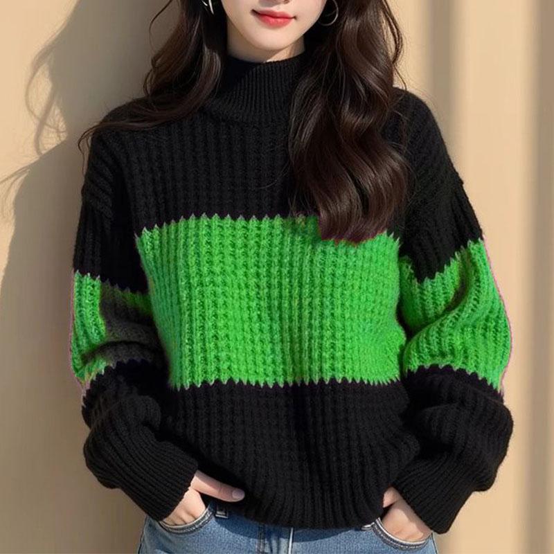 

Свитер контрастного цвета с полувысоким воротником, женская одежда, зимняя мода, с длинным рукавом, свободный, вязаный, доступный, эластичный пуловер 4XL зелёный