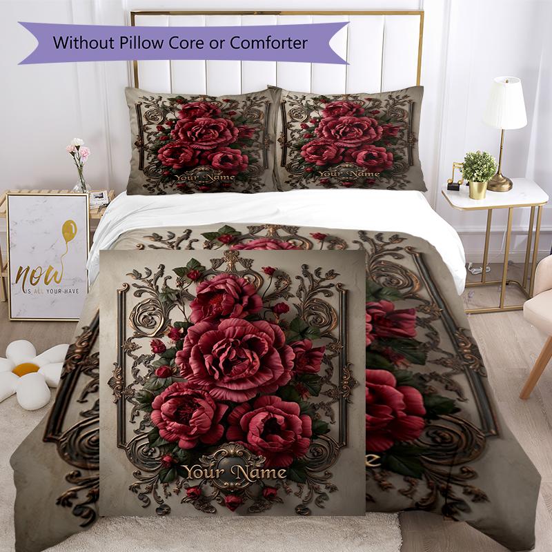 3pcs Custom Name Floral Elegance Printed Bedding Set Duvet Cover Closure Includes 1 Duvet Cover & 2 Pillowcases, Soft and Comfortable for All Seasons.