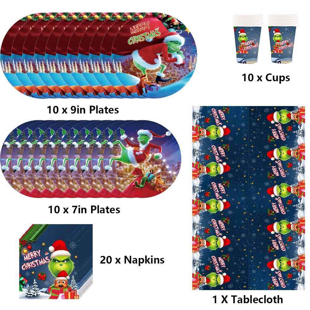 51PCS Christmas Grinch Tableware Include Paper Plates Cups Napkins Tablecover