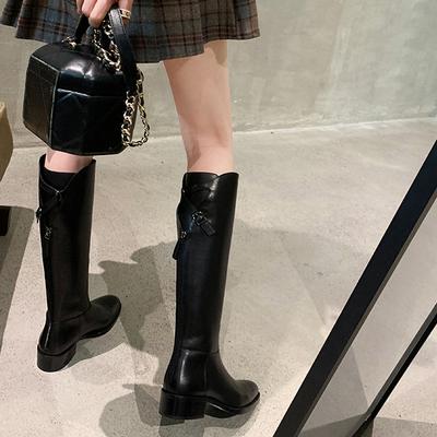 Cowhide Version Small Tube Circumference Leather Cross Belt Buckle High Knight Boots Thick Heel Thick Sole Boots Women'S Boots