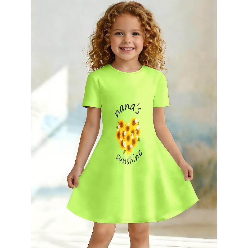 Sweet Cartoon A-line Dress for Girls, Short Sleeved Casual Summer A-line Dress Suitable for Birthday Parties and Gift Giving