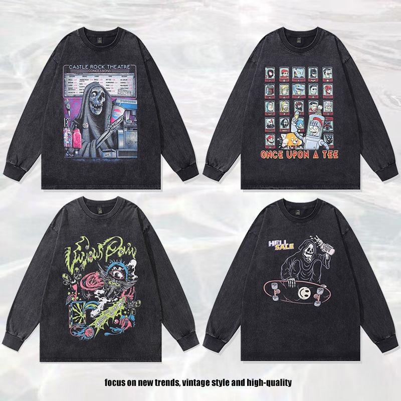 European, American High Street Direct Injection Printing Bottoming Shirt Casual Loose Retro Washed Old Hip Hop Long Sleeve T-Shirt Men