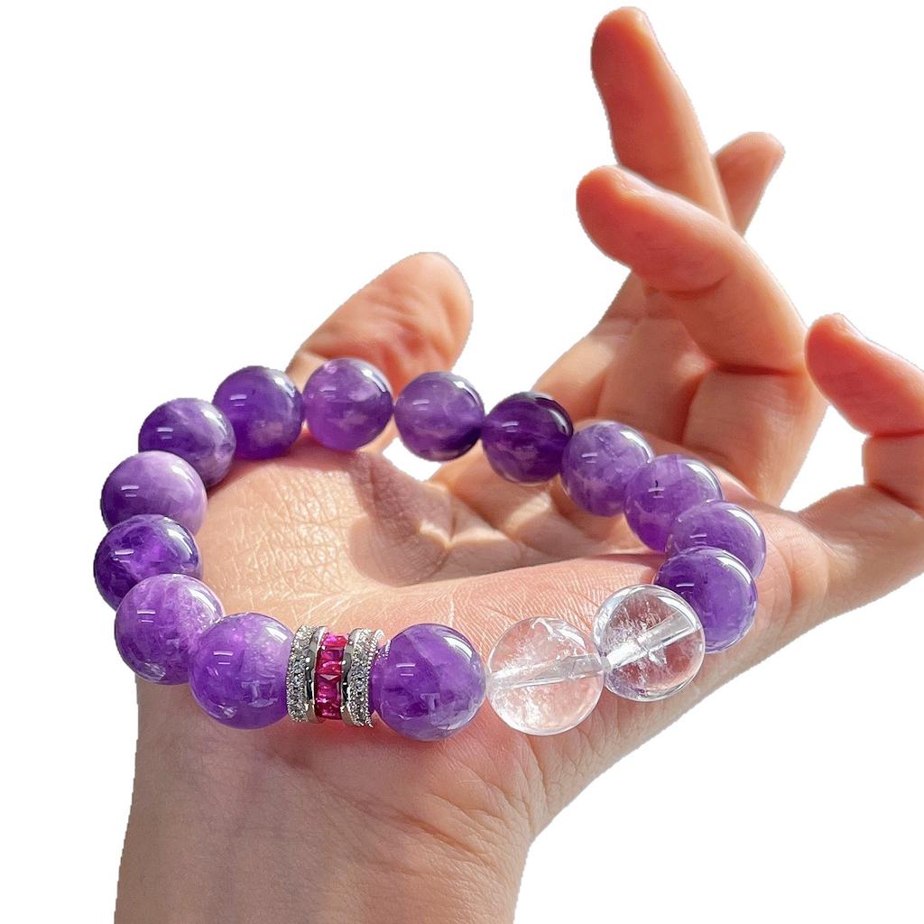 12Mm Natural Amethyst White Crystal Design Bracelet Bracelet