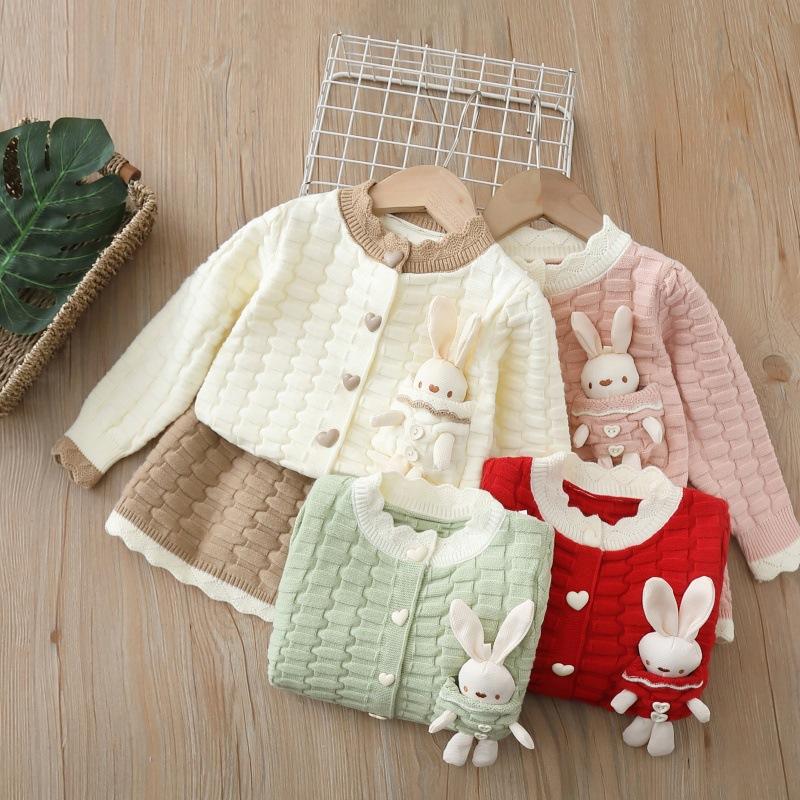 Girls Knit Set Dress With Large Lapel Sweater Cardigan Two Piece Outfit For Kids