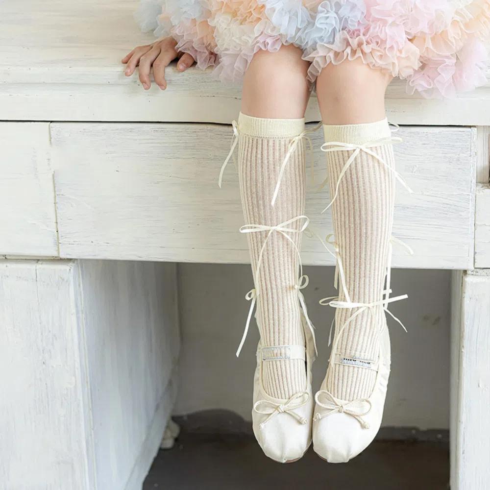 Ribbon Bow Balletcore Socks Solid Color Thin Stockings Comfortable Mid-Tube Hosiery  Women