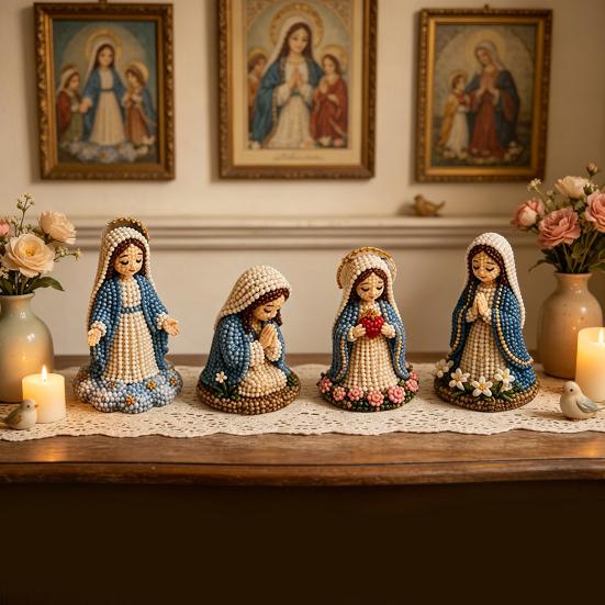 DIY Christian Beading Kit, Cute 4-Pack Tiny Beaded Jesus/Mary DIY Kit, Handmade Mini Faith Beads Craft with Instruction for Beginners, Craft