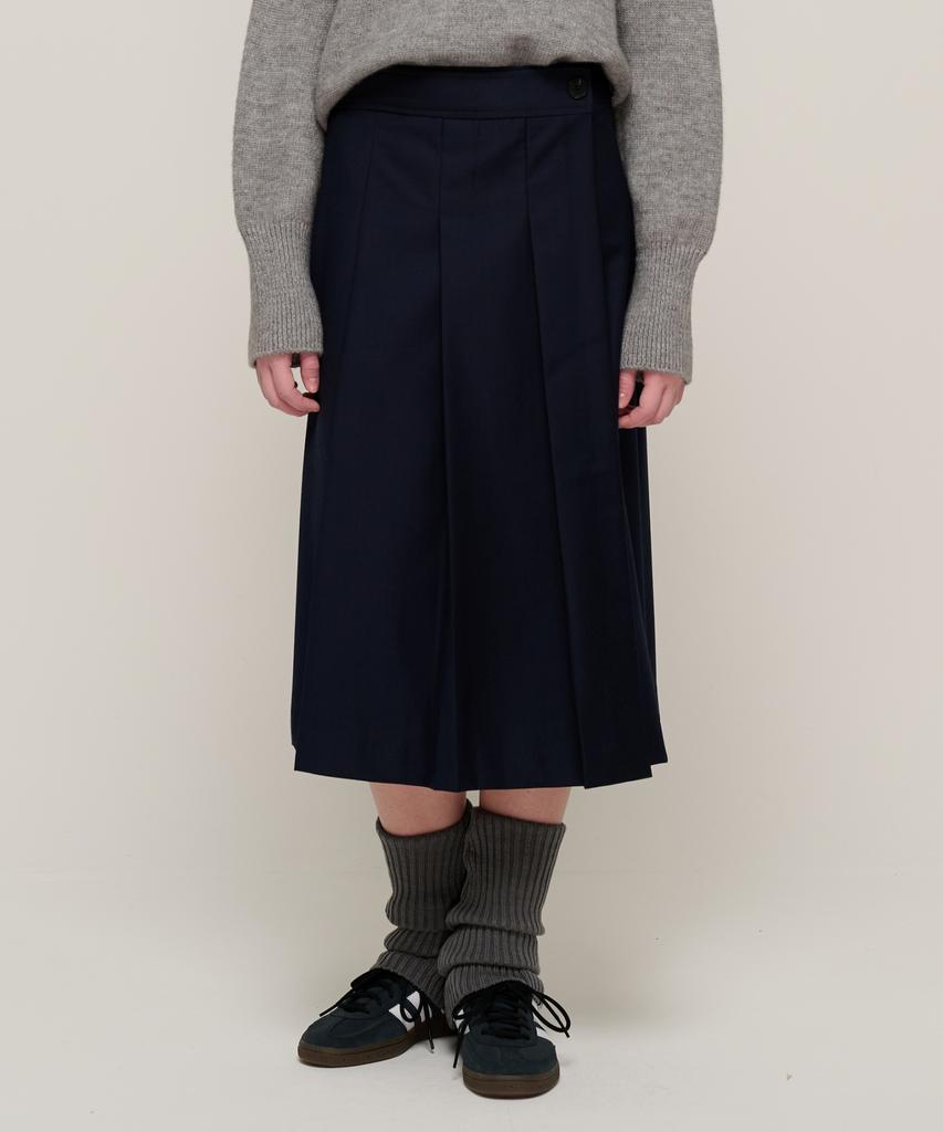 Cargo Bros For Woman Preppy Pleated Wrap Midi Skirt (Navy)