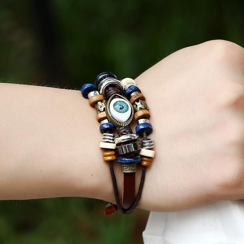 1pcs Couple Pull Adjustable Bracelet, Beaded Eye Leather Bracelet, Cowhide Handmade Jewelry
