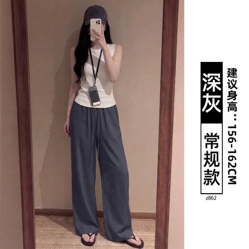 Women Linen Blend Wide Leg Pants High Waist Loose Summer Trousers