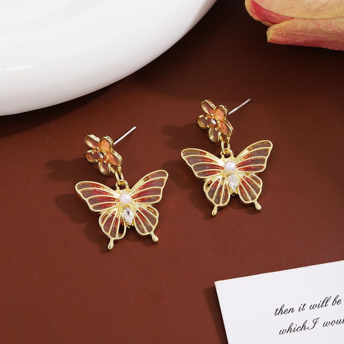 Silver Needle Gradient Butterfly & Flower Pearl Earrings for Women