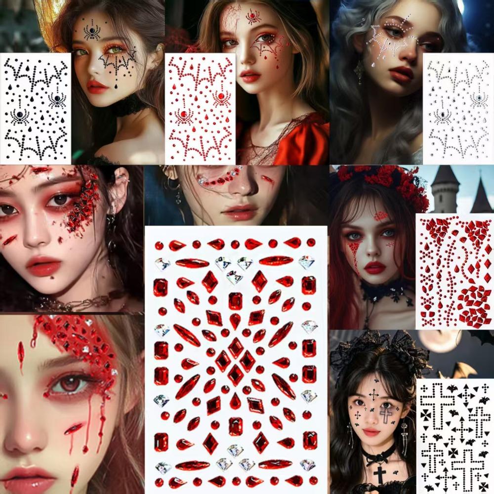 Halloween Face Stickers Diamond Red Black Broken Diamond Flashing Diamond Stickers Horror Simulation Fake Plasma Scar Scar Makeup