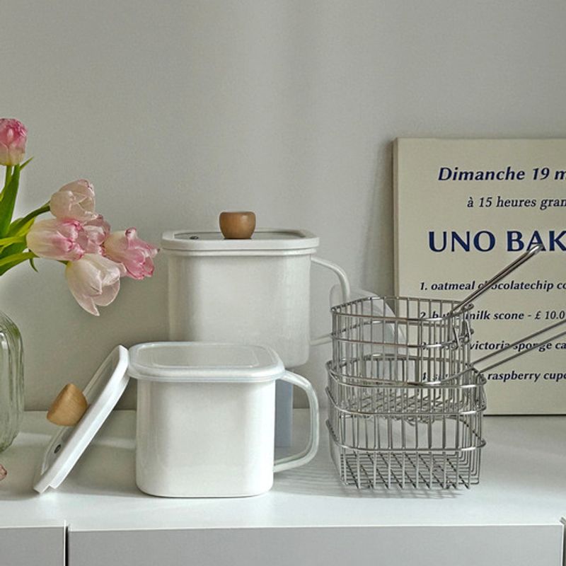 Eleganter Tisch Milchiger Griff Quadratischer Emaillierter Behälter 2 Größen Messskala Emaillierter Topf Multi-Topf Vorratsbehälter