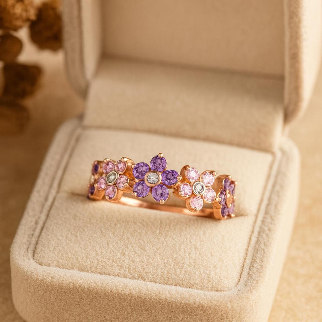 Amethyst Pink Sapphire and CZ Half Eternity Floral Band – Rose Gold Plated 925 Sterling Silver Ring – Women’s Anniversary Wedding Band