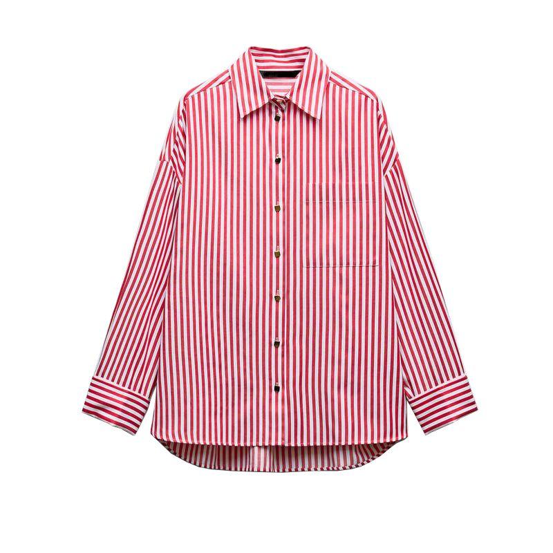

Spring New Lapel Ruched Decoration Fashion Casual Curling Cuff Stripes Loose Shirt 2731533 Stripes L