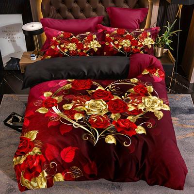 Set copripiumino classico di lusso 1*copripiumino + 2*federa Set di biancheria da letto con stampa Love Rose Copripiumino morbido e confortevole per camera da letto