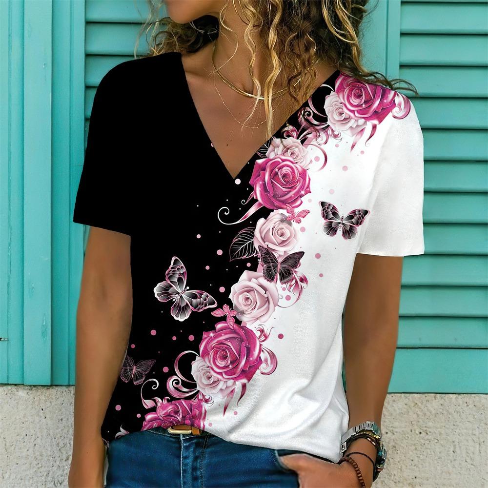 Nowy Damski T-shirt z Nadrukiem Kwiatowym Top Plus Size Odzież Damska Trend Moda Koszulka z Krótkim Rękawem Oversize Bluzka z Dekoltem w Serek