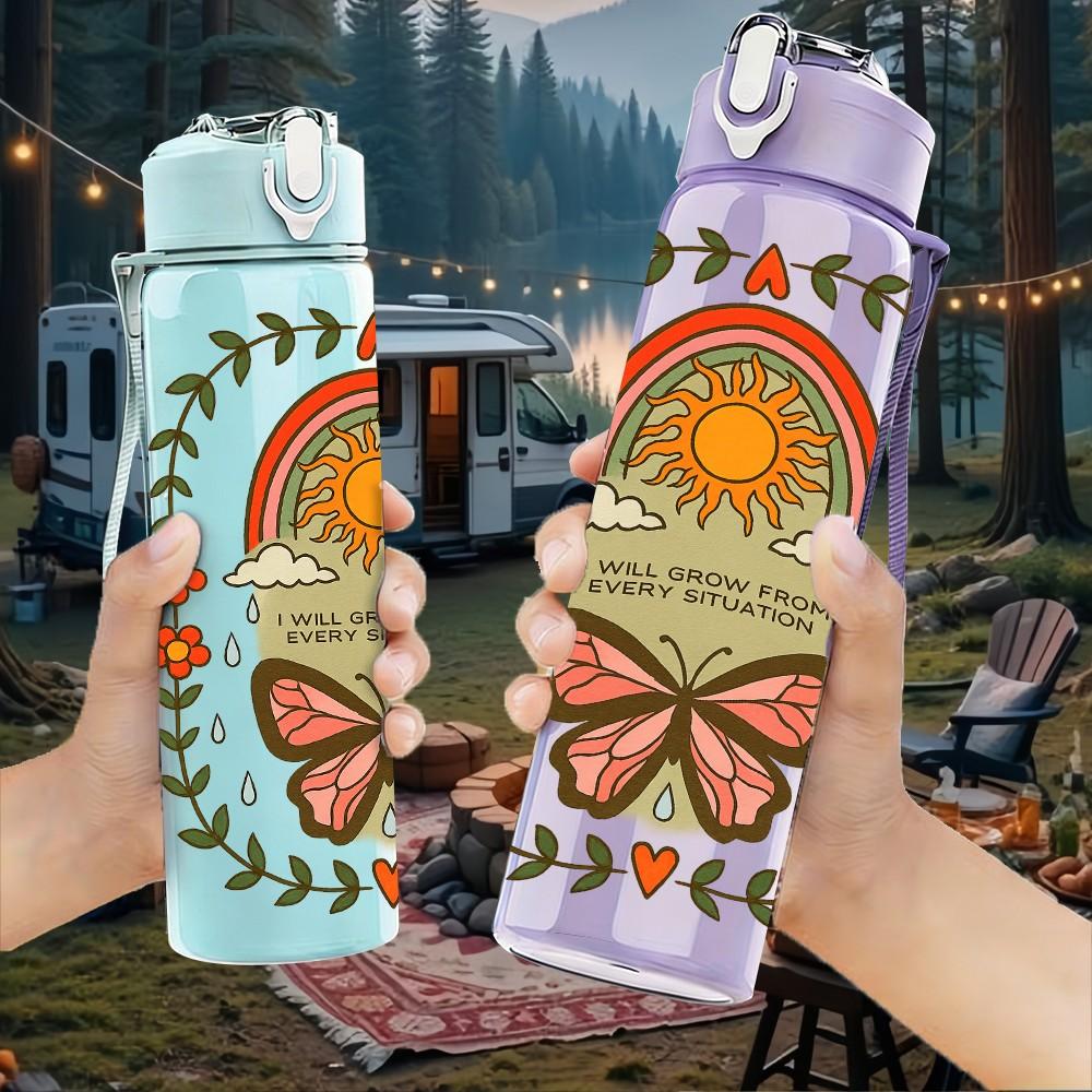 1PC Sun Butterfly Boho Retro Print 750ml Color Plastic Sports Water Bottle Leakproof Flip Straw Lid Suitable for Sports Office Home Use