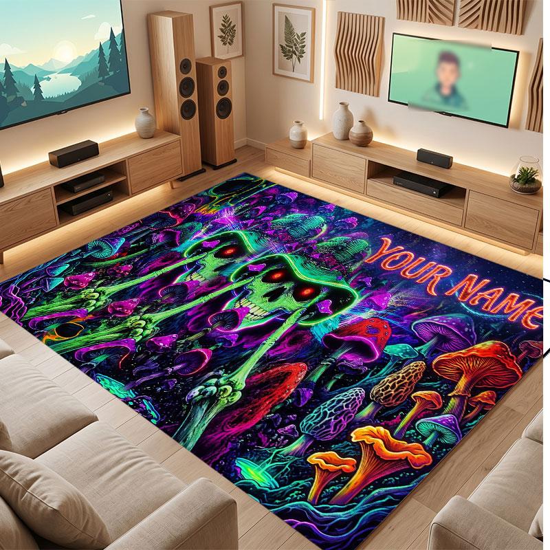 Mushroom Forest Theme Crystal Velvet Floor Rug Personalized Custom Name Text Warm Carpet Home Decoration