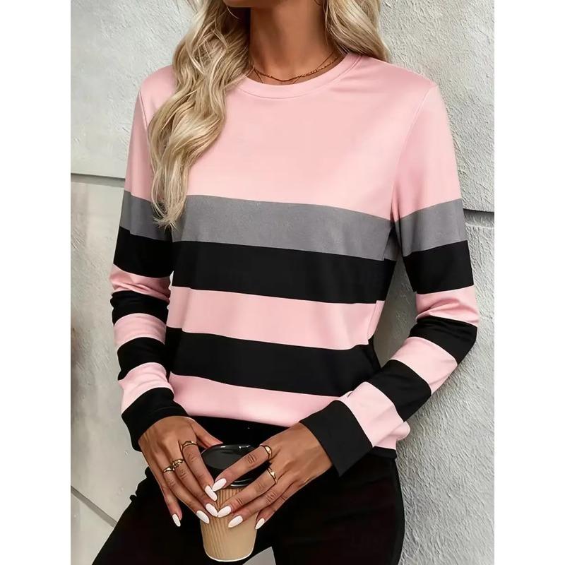 Autumn and Winter Women's 3D Stripe Printed Crew Neck Long Sleeve T-Shirt