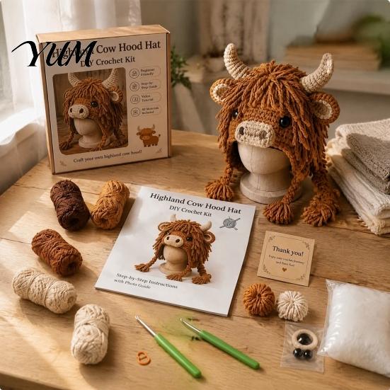 Knitting Accessories Bundle Highland Cow Hat Crochet Kit, Halloween Pumpkin Spider Hood Creative Hobby Gift for Adults DIY Handmade Craft Kit