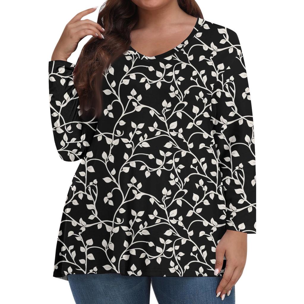 Women's Fashionable Casual Long Sleeved Plus Size Floral Print Top Plus Size Floral Print Top