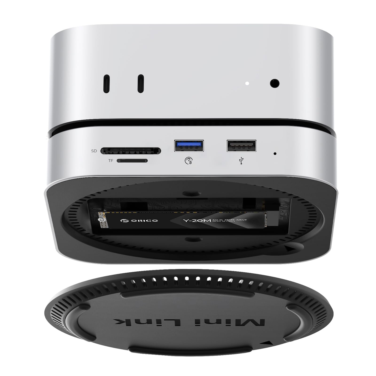 

ORICO MiniLink Mac mini M4 USB SATA SSD 5 Гбит/с Карта данных Аудио Совместимость с 2024 Mac mini pro Hub, 9-в-1 M.2 Расширение, Высокоскоростная передача USB-A,