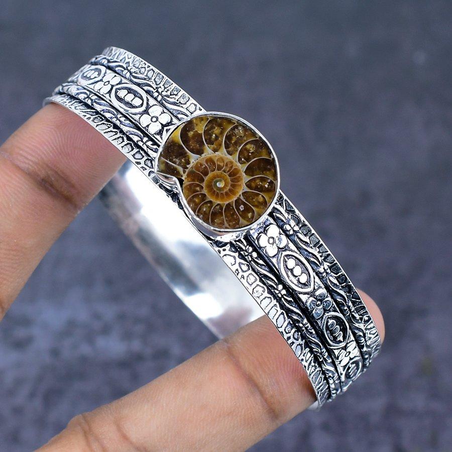 Ammonite Fossil Gemstone Handmade 925 Sterling Silver Cuff Bangle 7.5" d4D46