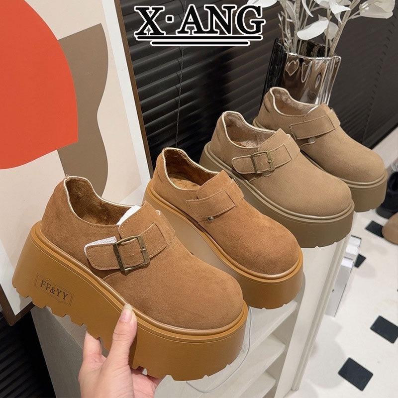 Cowhide version all-inclusive velvet children's autumn and winter new muffin thick-soled heightening women's shoes Loafer cotton shoes