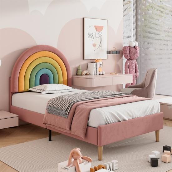 Teen Bed with Height-Adjustable Rainbow Headboard Ergonomic Design Strong Load Bearing Easy To Assemble Youth Bed Home Furniture