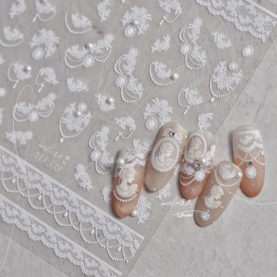 1pcs 5D Diamond White Lace Bow Nail Art Stickers Pearl Rhinestones Nail Decoration Adhesive Decals Slider DIY Accessory