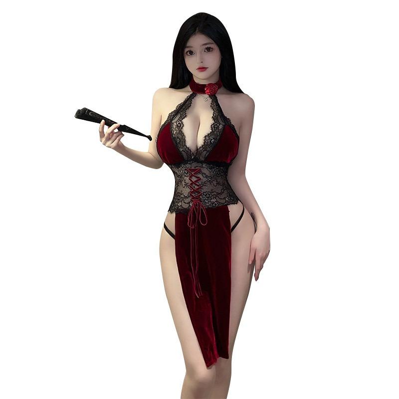 Sex Underwear Republic of China Cheongsam High Split Husband and Wife Products Set Guochao Lace Neck Nightdress Pajamas