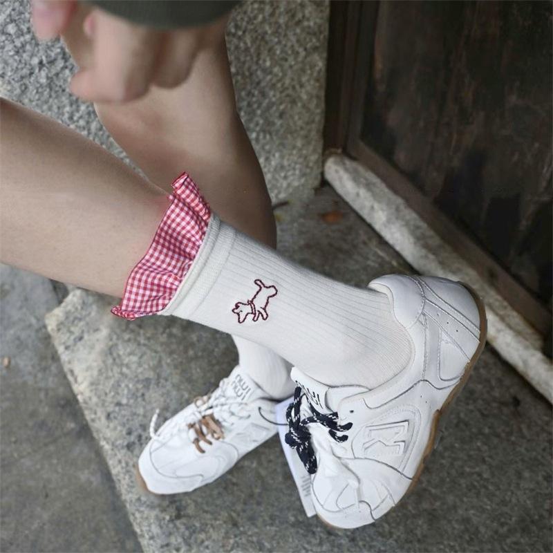 European Goods West Highland Socks Blue Plaid Lace Puppy Embroidery Mid-Leg Socks Personality Trend Wear Piles Of Socks Cotton