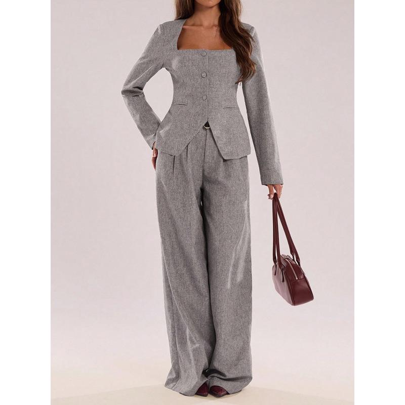 

European & American Square Neck Single-Breasted Suit Jacket with Straight Leg Trousers - Versatile Commuting Ensemble S серый