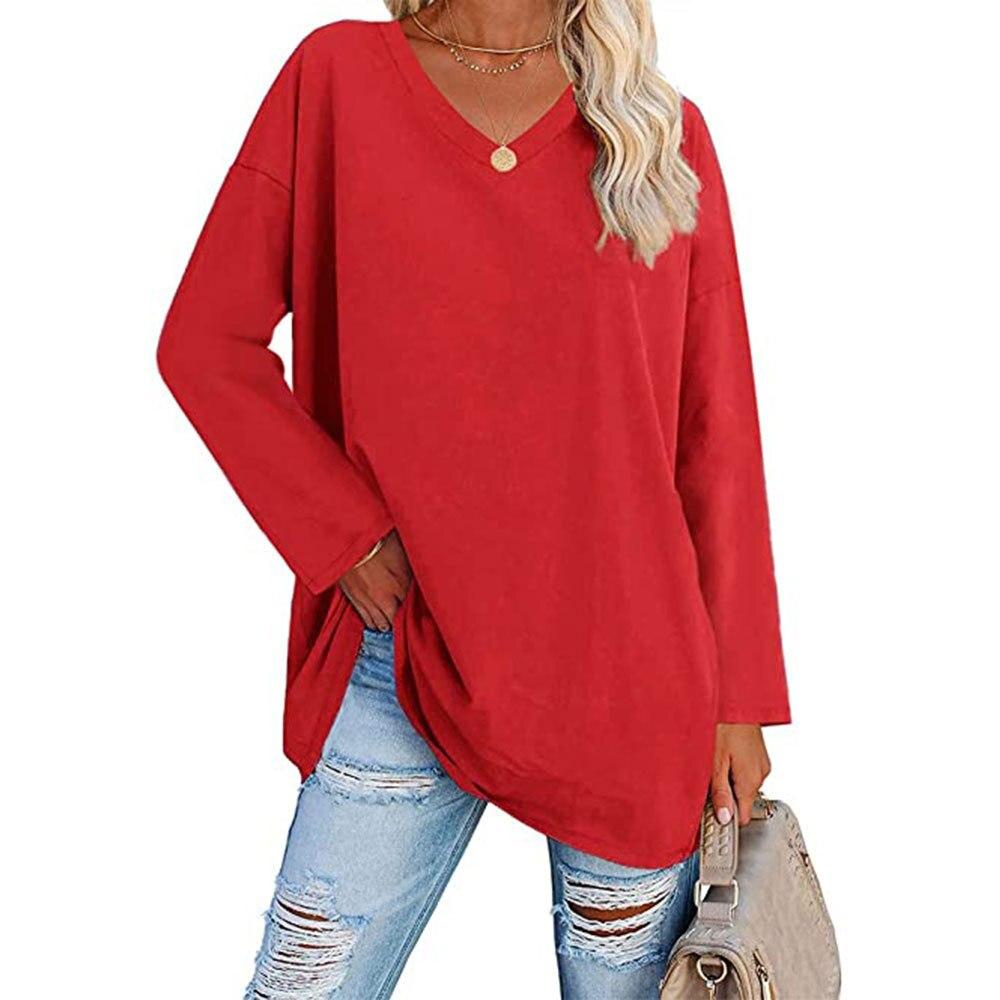 V-ausschnitt Langarm T-shirt Casual Tops Lose Baumwolle Hemd 2022 Frauen Einfarbig Weibliche Kleidung Blusas Ropa Mujer 23464