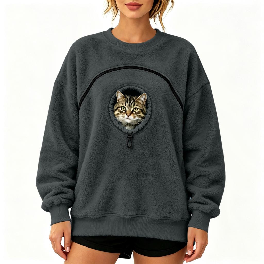 Damen Pullover Sweatshirt in Farbe, lockere Passform, überschnittene Schultern, mit Haustier-Tasche