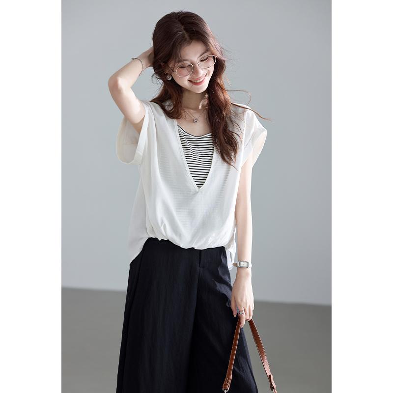 Light Oxygen Commuting Series Lyocell Fake Two Piece Striped Shoulder Down Shirt