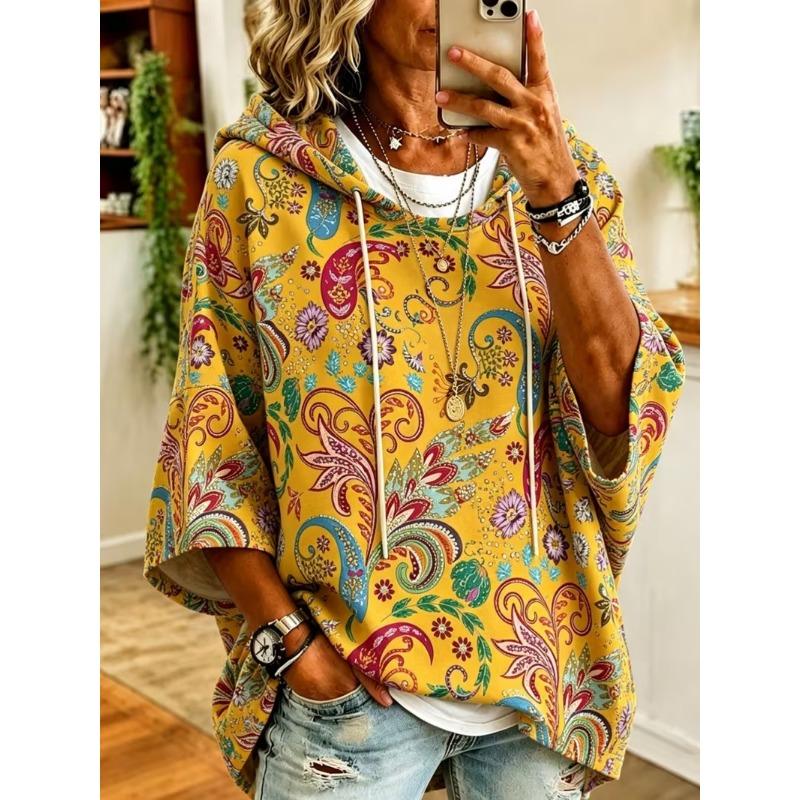Damen Kapuzenpullover mit Dreiviertelärm, locker, Retro-Blumenmuster, lässiges Urlaubs-Top