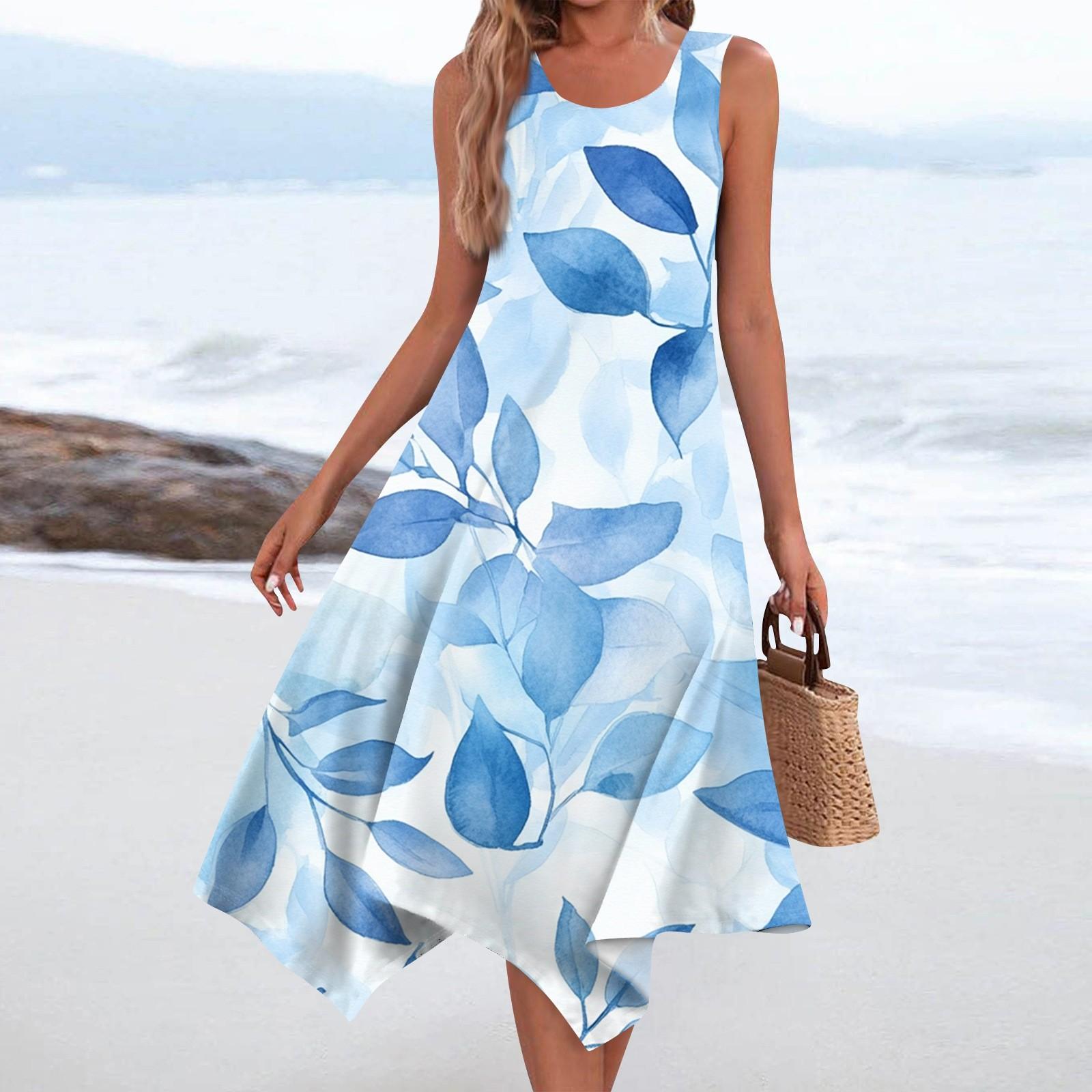 

Женское повседневное модное платье средней длины с круглым вырезом без рукавов с винтажным цветочным принтом и неровным подолом L