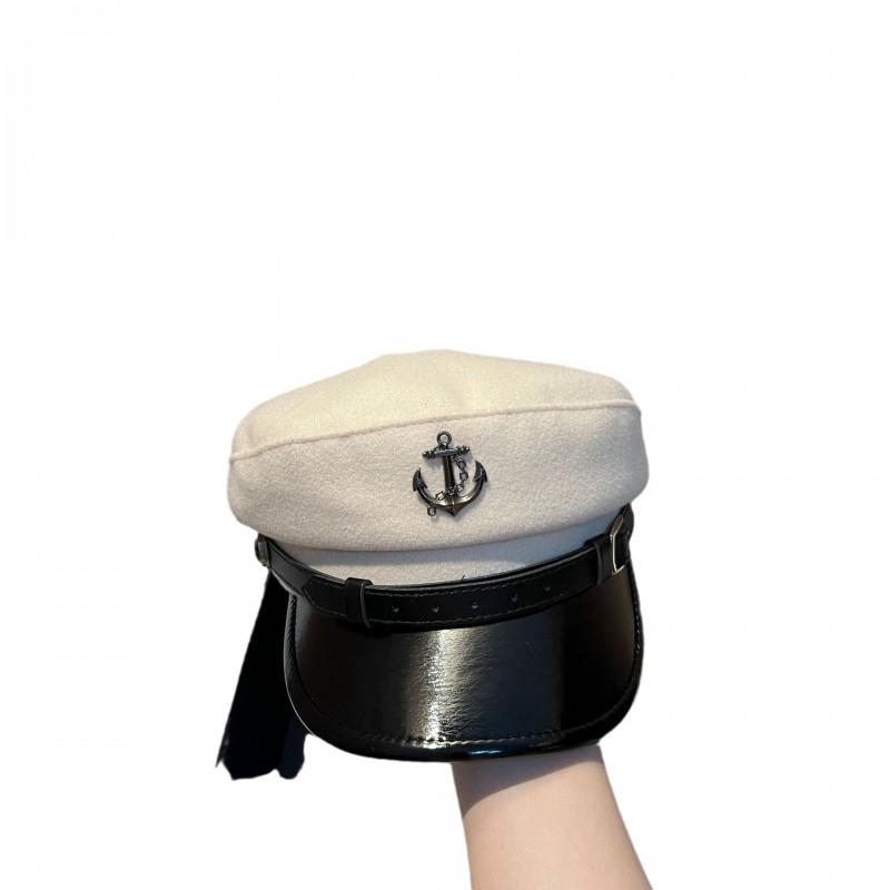 Wool Blend Navy Cap Leather Brim Stylish Age-Reducing Flat Top Hat Women