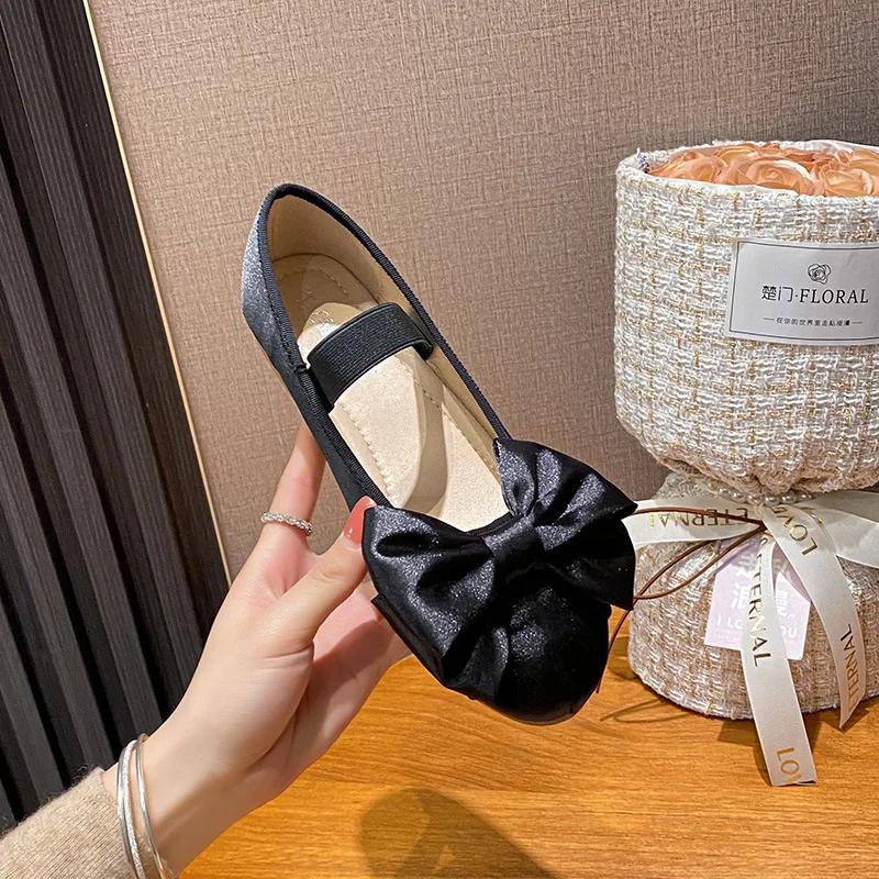Fashion Elegant Woman Shoes with Low Heels Mary Janes Bow Tie Satin Ballet Flats Pumps Round Toe  Ladies Shoes