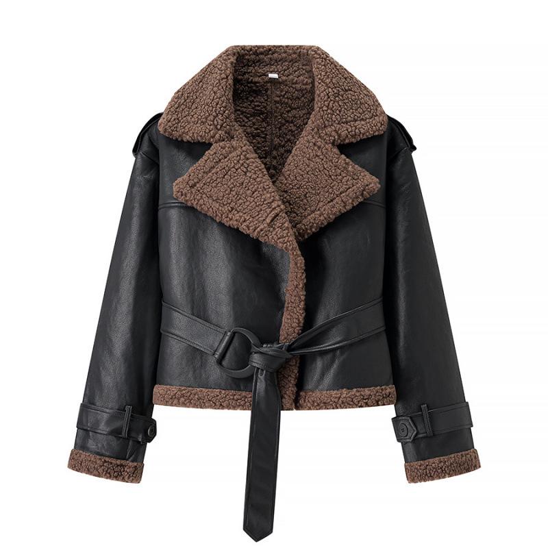 Stylish European & American Women s Belted Leather-Fur Jacket Small