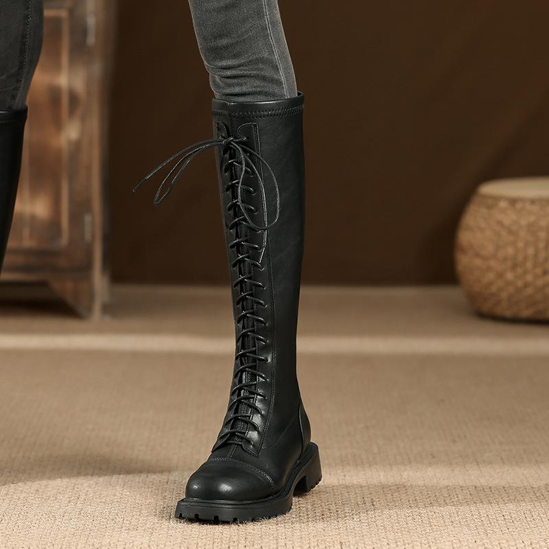 White knight boots women's lace-up boots women's autumn and winter versatile thick-soled boots women's non-slip and wear-resistant