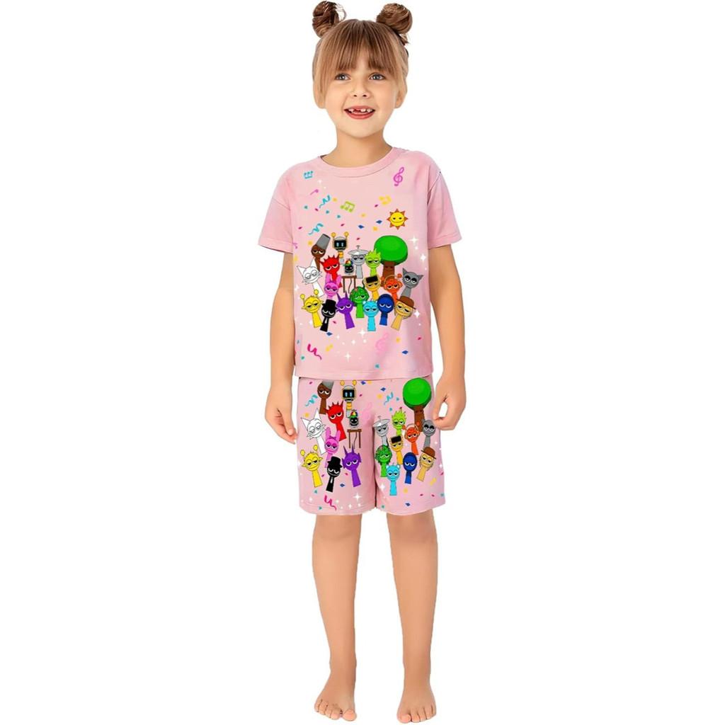 Conjunto de Pijama de Verano con Estampado Sprunki para Niños y Niñas de Algodón Casual Dibujos Animados Traje de Dos Piezas para Estar en Casa para Niños