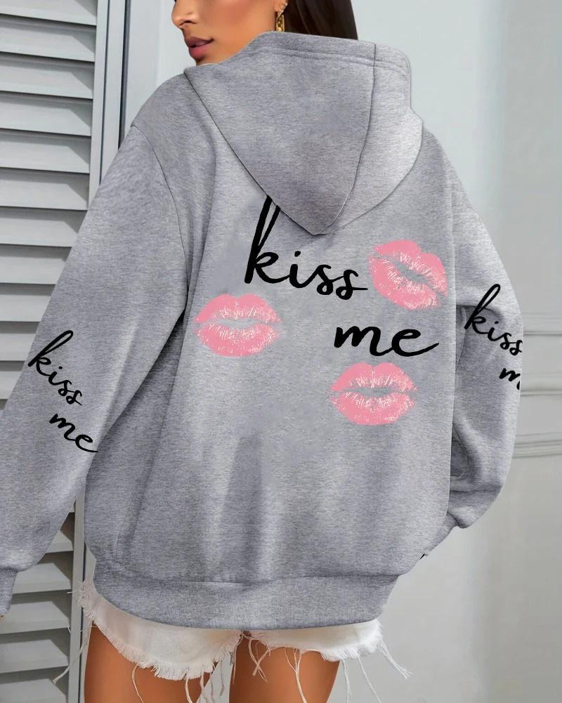 Kiss Me Lip Print Women's Autumn Fleece Hoodie with Pocket