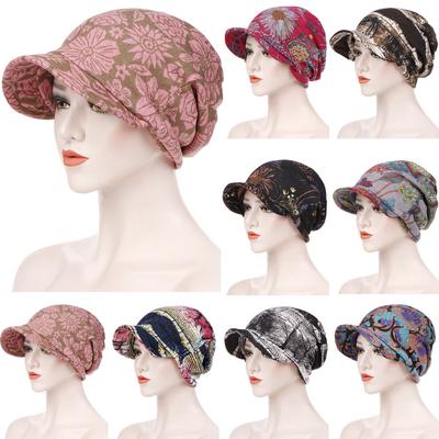 Módní dámská zimní široká čepice s květinovým potiskem z bavlny, turban