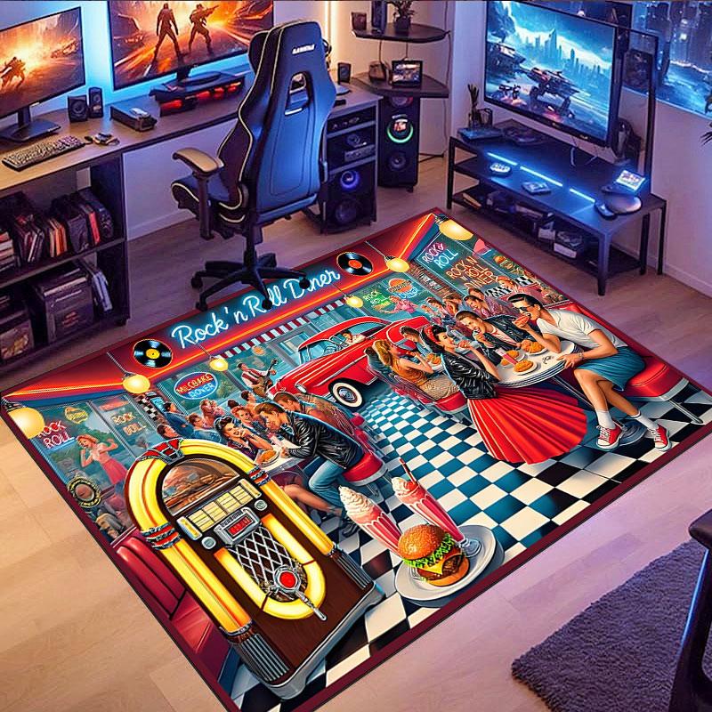 Retro Car & Rock Bar Themed Rug, non-slip rug, suitable for living room, bedroom, game room, computer room and home décor.