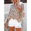 2026 New Spring and Autumn Women's V-neck Chiffon Top Lantern Sleeve Floral Casual T-shirt