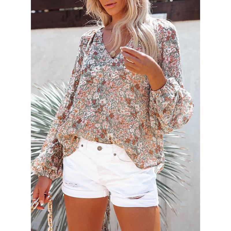 2026 New Spring and Autumn Women's V-neck Chiffon Top Lantern Sleeve Floral Casual T-shirt