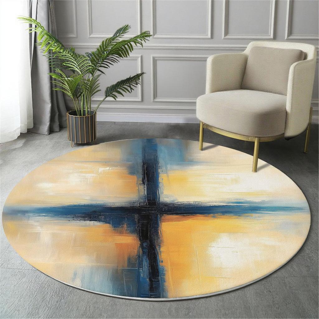 Round Abstract Rug Blue Yellow Cross Brush Stroke Painting Print Home for Modern Artistic Living Interior Decorative Makeover